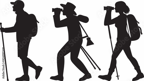Hikers exploring nature black silhouette with backpacks and hiking sticks