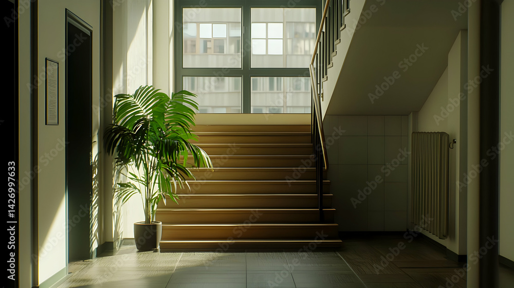 Obraz premium Sunlight Bathed Empty School Corridor With Wooden Staircase And Plant