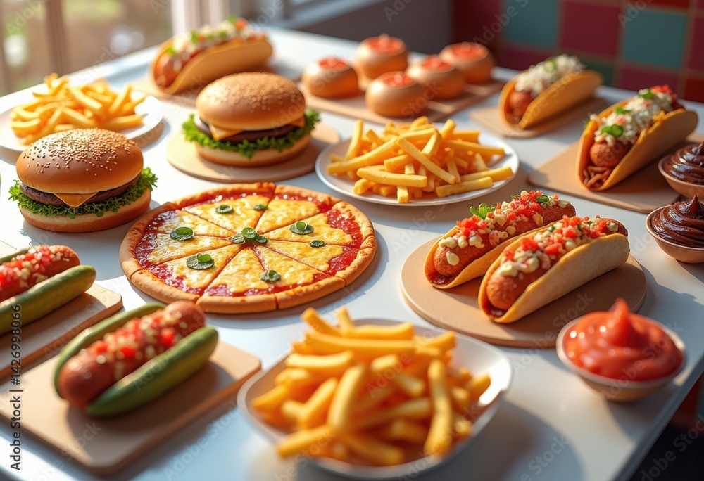 vibrant surface displaying colorful variety fast food selections burgers fries pizza normal tacos hotdogs sweets snacks, platter, fastfood, dessert, wrap vibrant surface displaying colorful variety fast food selections burgers fries pizza normal tacos hotdogs sweets snacks, platter, fastfood, dessert, wrap
