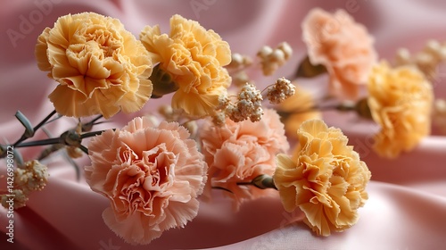 A radiant composition of warm yellow and soft peach carnations, arranged in an organic design with scattered greenery, resting on a soft, pastel pink fabric, capturing the warmth 