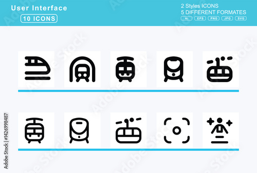 Set of 5 rounded user interface icons,traffic, light, go, slow, stop, trailer, train