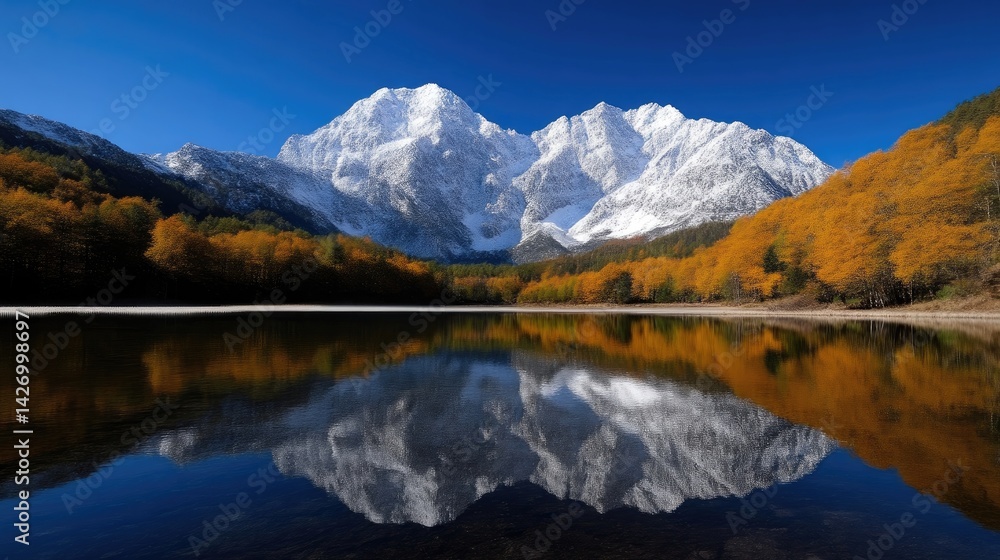 Naklejka premium Autumnal mountains reflected in a serene lake. A picturesque view of snow-capped peaks mirrored in a calm lake, surrounded by vibrant autumn foliage