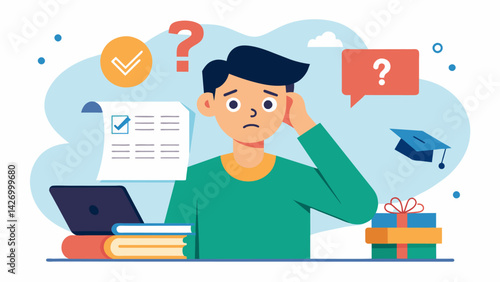A confused student scratches their head while trying to decipher the unfamiliar financial terms on a loan application.. Vector illustration
