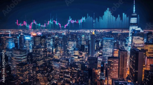 Nighttime cityscape of New York City overlaid with financial market data.