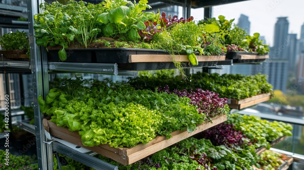A vertical garden, greenhouse setup with multiple levels of planters growing various types of leafy greens and herbs. background shows a city skyline, urban farming environment. A vertical garden, greenhouse setup with multiple levels of planters growing various types of leafy greens and herbs. background shows a city skyline, urban farming environment.