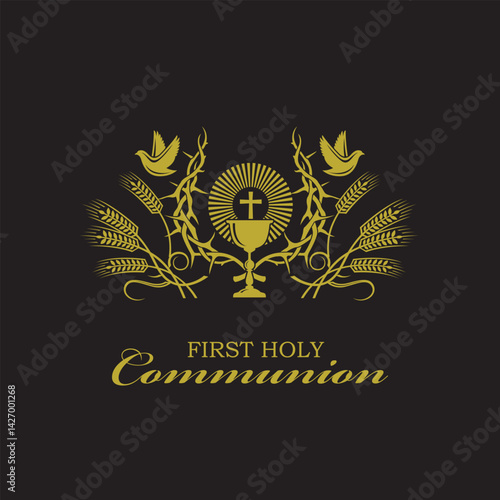 golden holy communion icon with chalice and thorn crown isolated on black background
