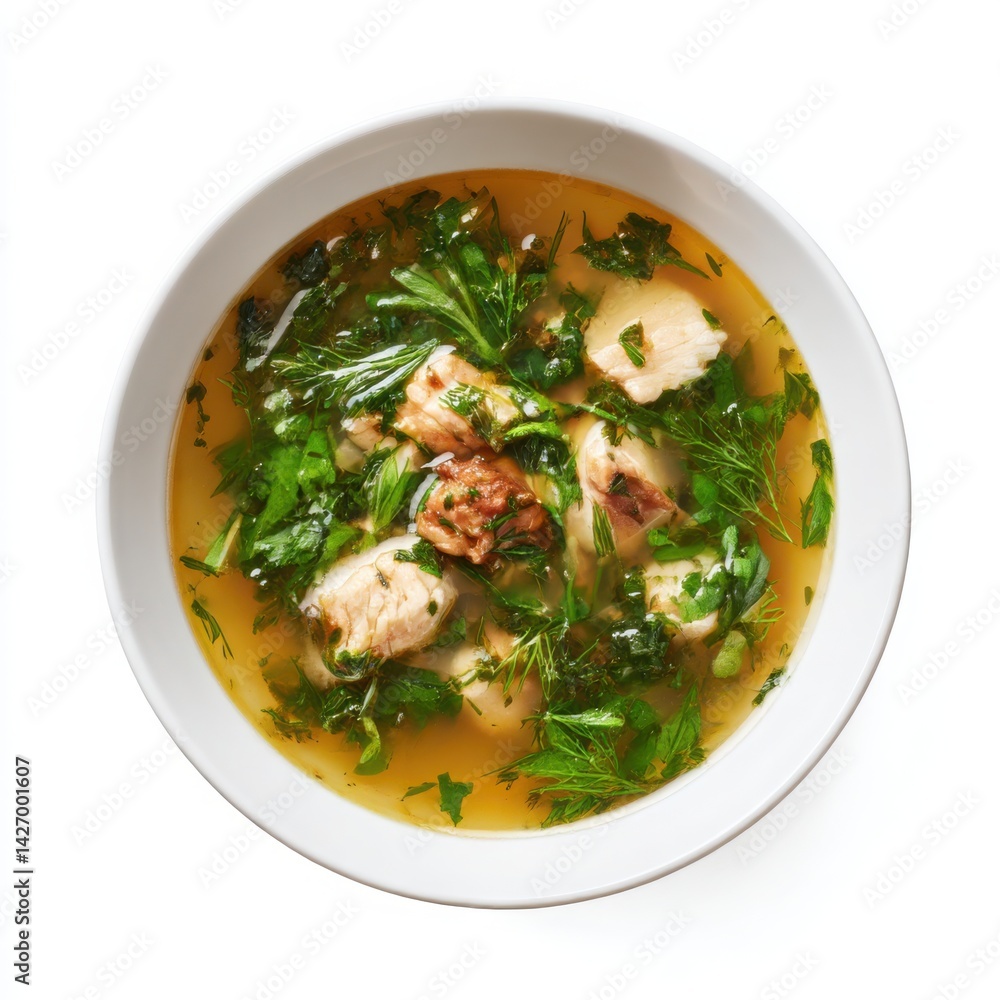 Chicken soup with herbs in bowl on white background Chicken soup with herbs in bowl on white background