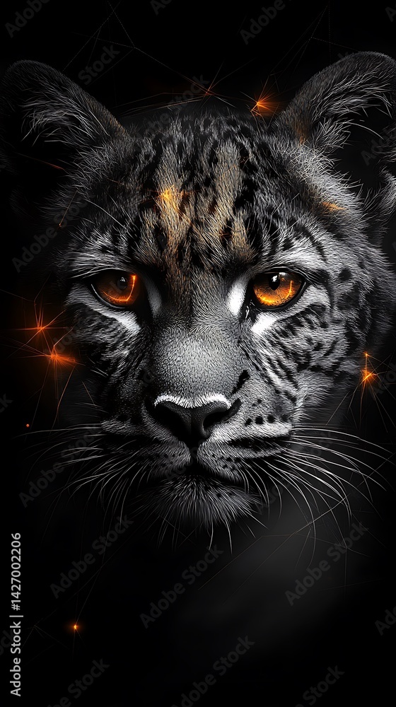 Detailed Photo Of A Snow Leopards Face With Glowing Orange Eyes In Darkness Detailed Photo Of A Snow Leopards Face With Glowing Orange Eyes In Darkness