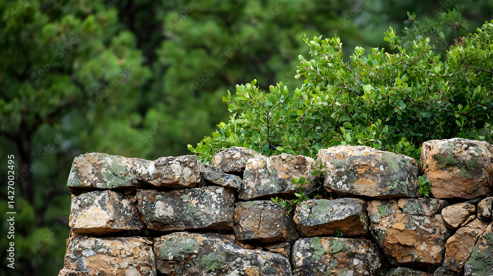 Rustic Stone Wall With Lush Green Plants Rustic Stone Wall With Lush Green Plants