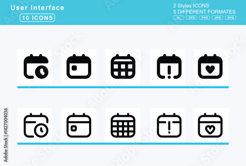 Set of 5 rounded user interface icons,calculator, simple, calendar, arrow, down, up, check