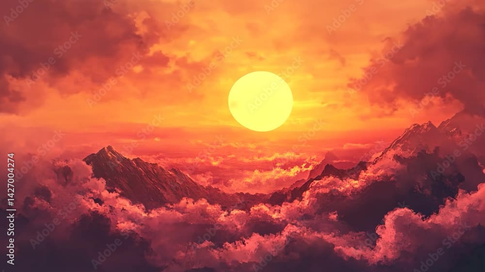 Crimson and gold sunlight paints the mountain landscape at dusk and dawn, a vibrant horizon where the sky meets nature's majestic peaks Crimson and gold sunlight paints the mountain landscape at dusk and dawn, a vibrant horizon where the sky meets nature's majestic peaks