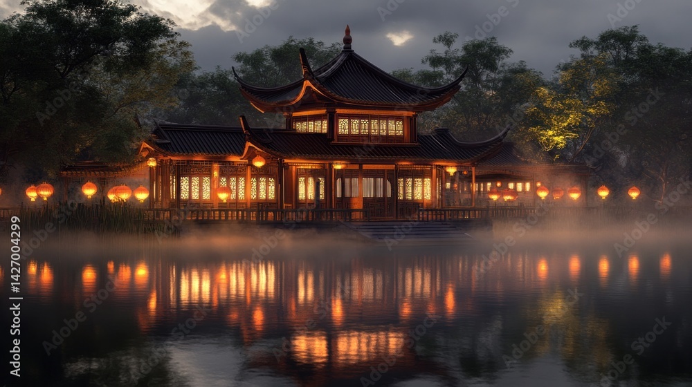 Tranquil Asian-style pavilion by a misty lake at twilight. Illuminated lanterns cast warm glow on the water Tranquil Asian-style pavilion by a misty lake at twilight. Illuminated lanterns cast warm glow on the water