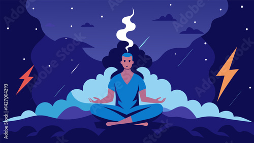 A thunderstorm rages in the night but the stoic figure sits in silence their inner peace unshaken.. Vector illustration