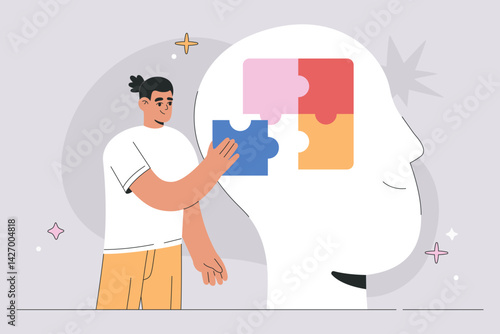 Smiling man arranging jigsaw puzzle in human head, mindfulness and mental health care concept, solving psychological problems. Abstract design, colourful flat vector illustration, isolated background