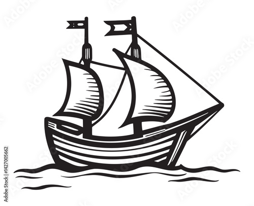 Vintage sailing ship illustration in black and white - Sailing ship