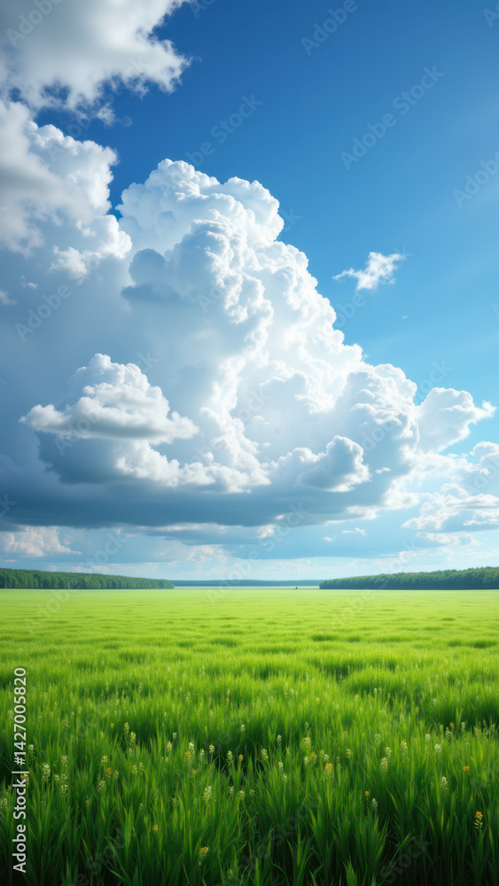 Obraz premium An idyllic field with freshly planted crops under a partly cloudy sky, representing successful permaculture practices.