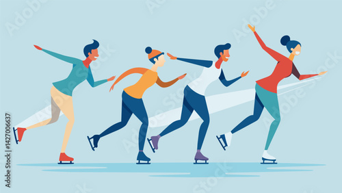 A line of skaters gracefully gliding across the rink creating a beautiful visual display with their movements.. Vector illustration