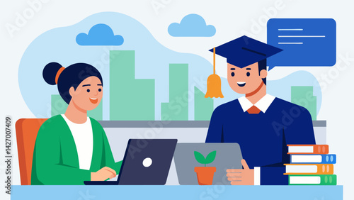 A graduate meeting with a financial advisor discussing options for loan consolidation and creating a longterm investment plan.. Vector illustration