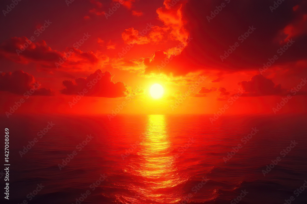 Stunning Sunset Over Ocean: Abstract Red & Orange Sky, Glowing Golden Sun, Deep Palm Shadows Stunning Sunset Over Ocean: Abstract Red & Orange Sky, Glowing Golden Sun, Deep Palm Shadows