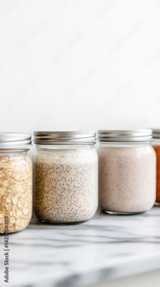 Meal prep breakfast station featuring overnight oats in jars for healthy eating Meal prep breakfast station featuring overnight oats in jars for healthy eating