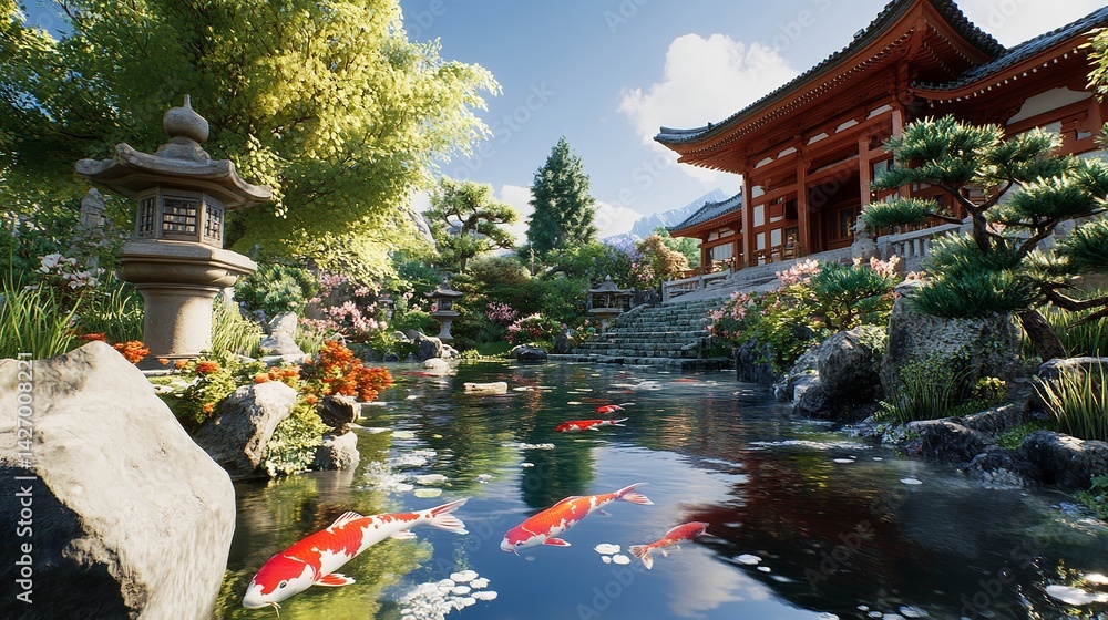 Obraz premium Serene Japanese Garden Koi Pond Temple Landscape Peaceful Tranquil Asian Zen Architecture Beautiful Spring Flowers Sunny Day Natural Scenery Digital