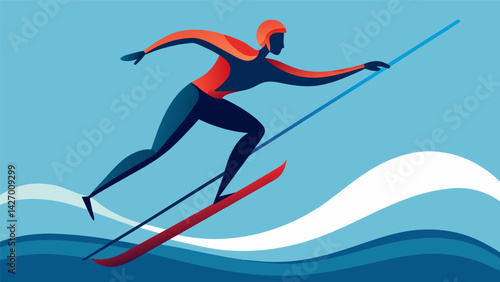 A lone foot water skier balances on one foot gracefully gliding across the water in a stunning display of skill and finesse in the competition.. Vector illustration