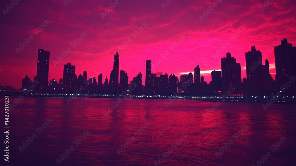 Fototapeta premium Silhouette cityscape at sunset, vibrant magenta hues.