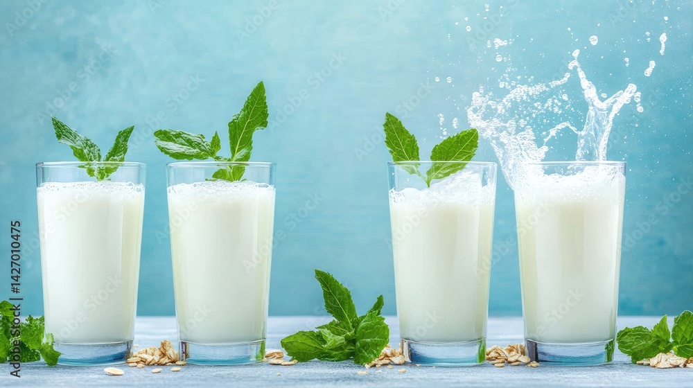 Four glasses white drink mint leaves splash refreshment healthy beverage Four glasses white drink mint leaves splash refreshment healthy beverage