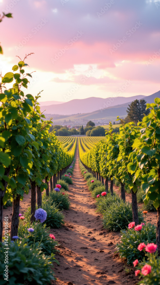 Fototapeta premium Bountiful vineyard with healthy plants under a clear sky during sunset.