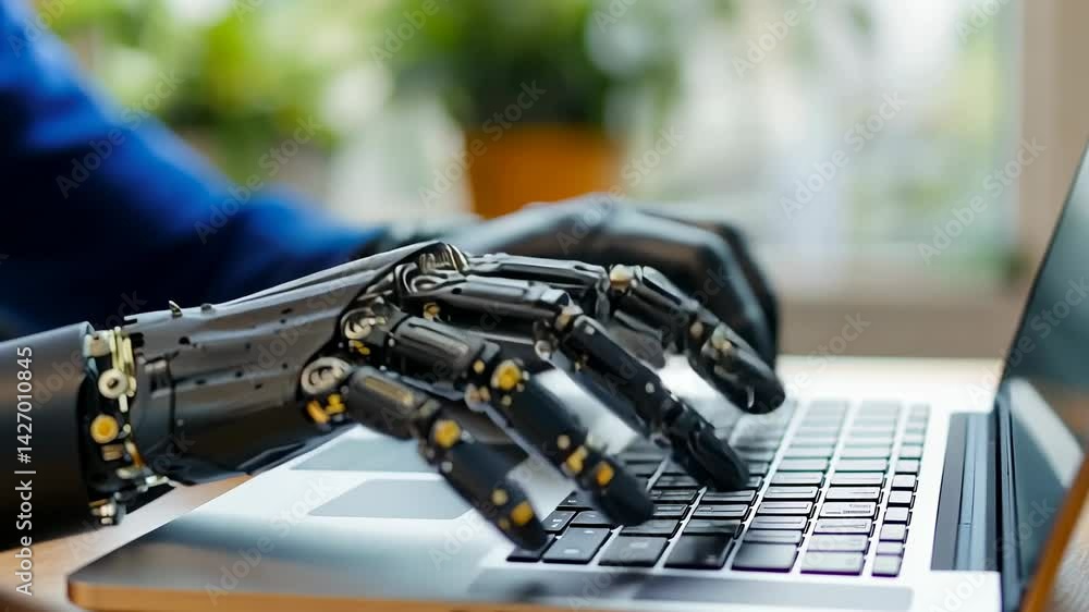 A person with a prosthetic arm typing on a laptop, showcasing adaptive technology in action. A person with a prosthetic arm typing on a laptop, showcasing adaptive technology in action.