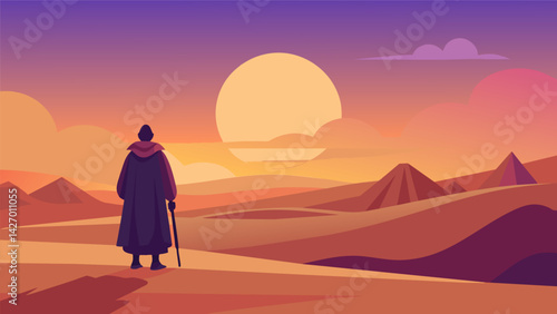 In the quiet of an empty desert a nomad stands still and watches the sunset reflecting on the Stoic belief in finding strength in solitude and. Vector illustration