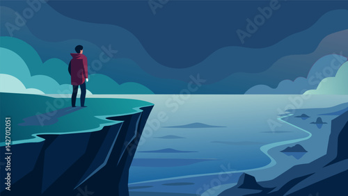 A person standing on the edge of a cliff looking out at a vast and turbulent ocean but remaining calm and centered amid the chaos.. Vector illustration