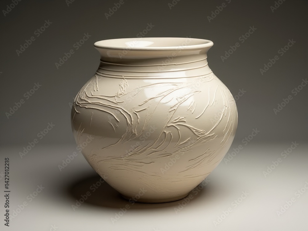 ceramic beige light vase with design on it sits on table. Vase is empty and has simple, elegant design. Concept of calm and serenity ceramic beige light vase with design on it sits on table. Vase is empty and has simple, elegant design. Concept of calm and serenity