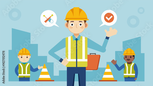The trainer demonstrating proper safety procedures emphasizing the importance of following protocols on a construction site.. Vector illustration