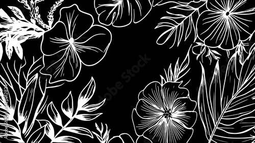 Floral arrangement white lines on black background. Leaves petals and blossoms fill frame. Wallpaper textile packaging design. Minimalist style high contrast top-down view monochrome color scheme