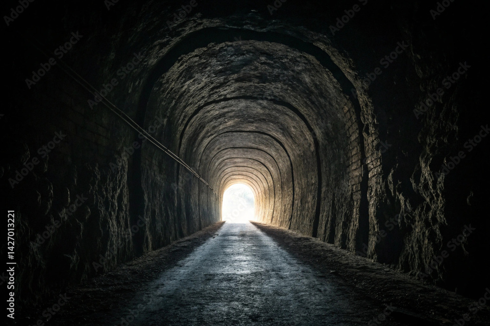 Obraz premium A dark tunnel with one light at its end - generated by ai
