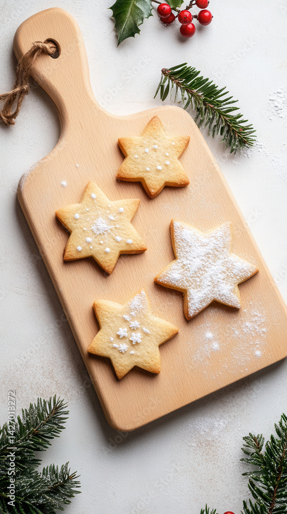 Vertical display of star shaped christmas cookies on wooden board for festive holiday celebration Vertical display of star shaped christmas cookies on wooden board for festive holiday celebration