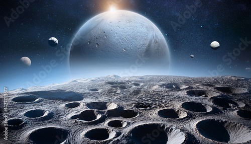 abstract other worldly space surface craters with planet in background