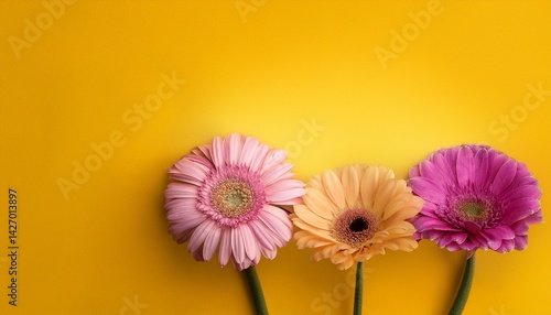 three flowers are shown on a yellow background
