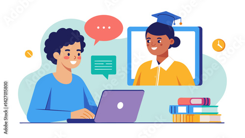 Connecting with a peer mentor or tutor through a video call for personalized homework assistance.. Vector illustration