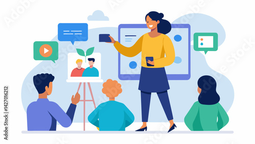 A participant snaps a photo of the speakers informative slide presentation determined to share the knowledge with friends and family.. Vector illustration