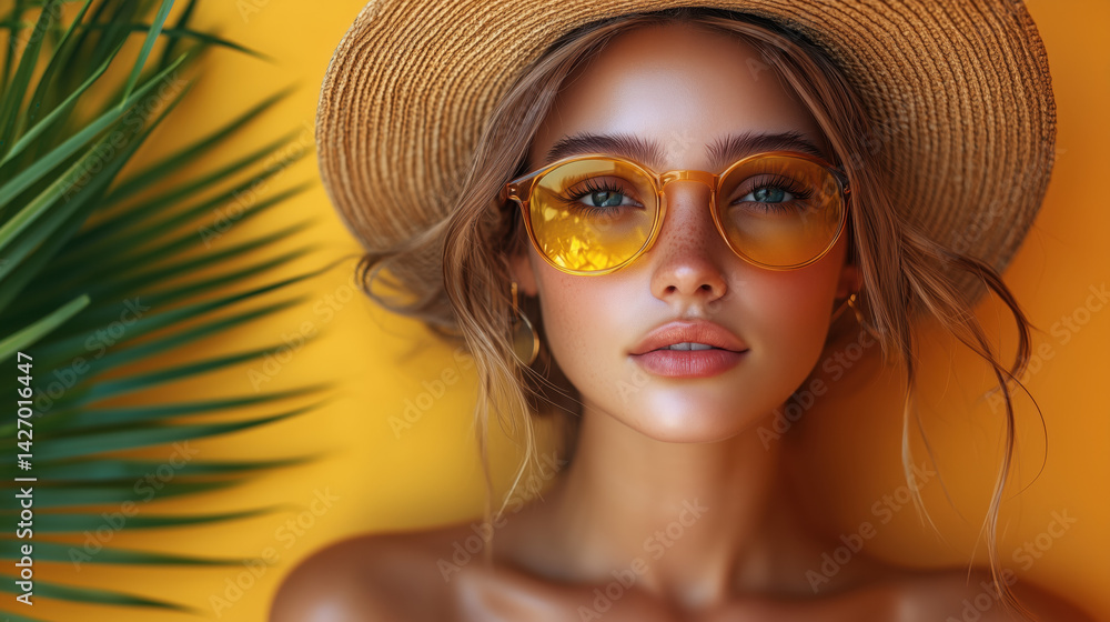 Stylish caucasian woman in hat and yellow sunglasses and palm leaves around on orange background