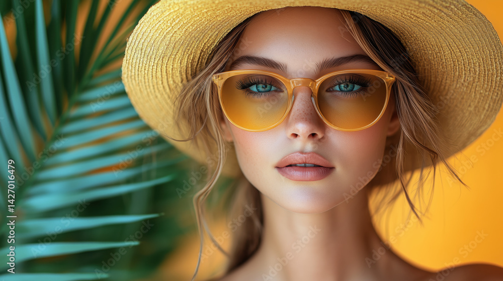 Stylish caucasian woman in hat and yellow sunglasses and palm leaves around on orange background