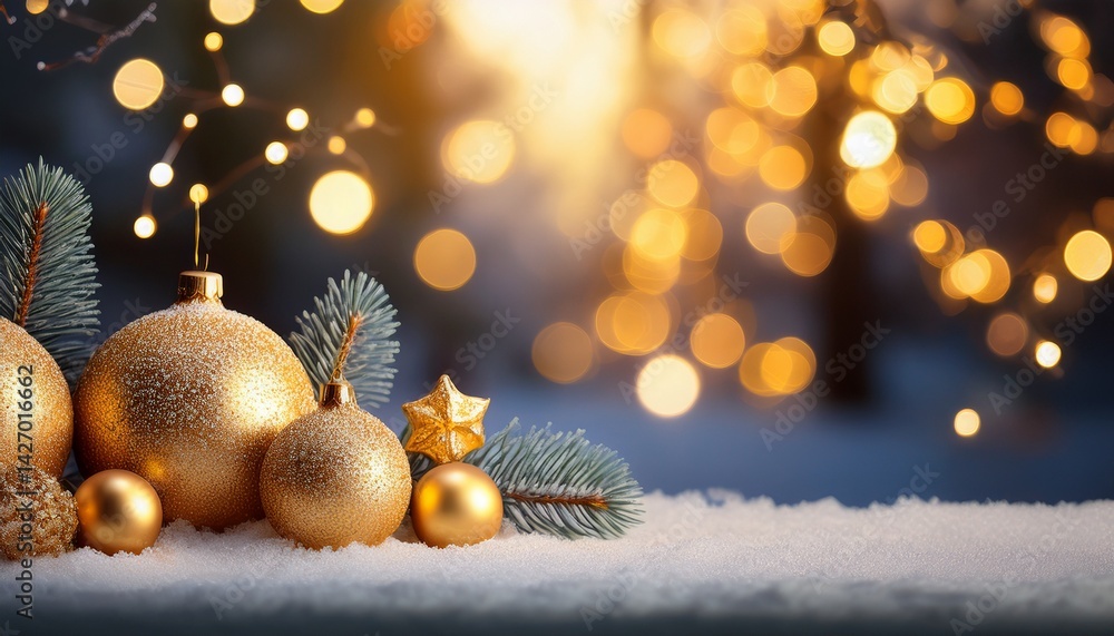 festive winter scene with gold ornaments and lights festive winter scene with gold ornaments and lights