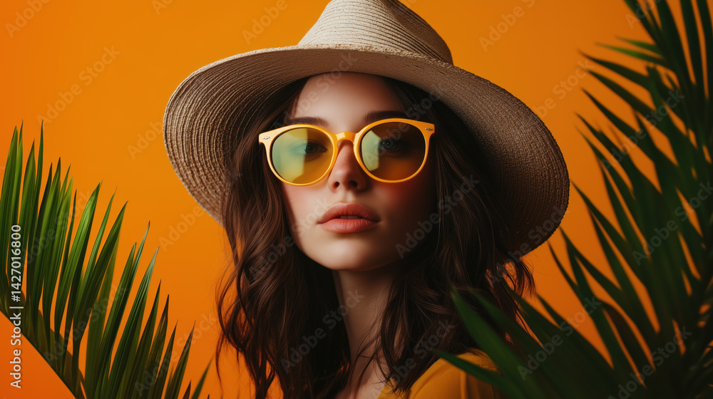 Stylish caucasian woman in hat and yellow sunglasses and palm leaves around on orange background