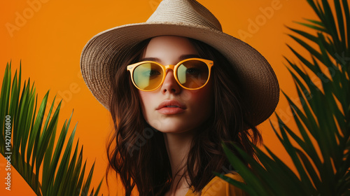 Obraz na płótnie Stylish caucasian woman in hat and yellow sunglasses and palm leaves around on orange background
w salonie