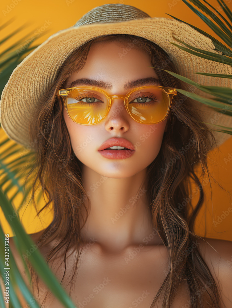 Stylish caucasian woman in hat and yellow sunglasses and palm leaves around on orange background