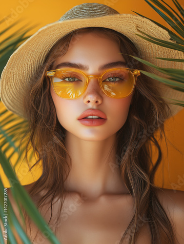 Obraz na płótnie Stylish caucasian woman in hat and yellow sunglasses and palm leaves around on orange background
w salonie