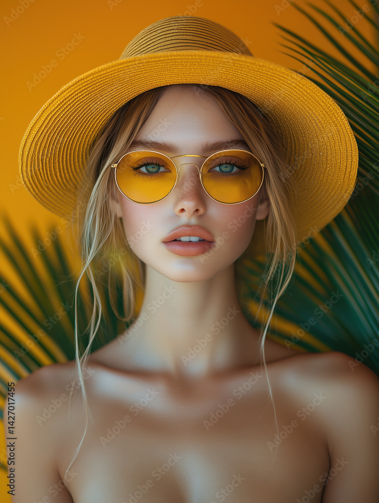 Stylish caucasian woman in hat and yellow sunglasses and palm leaves around on orange background