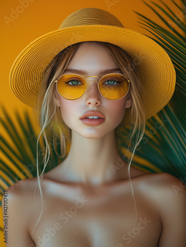 Obraz na płótnie Stylish caucasian woman in hat and yellow sunglasses and palm leaves around on orange background
w salonie
